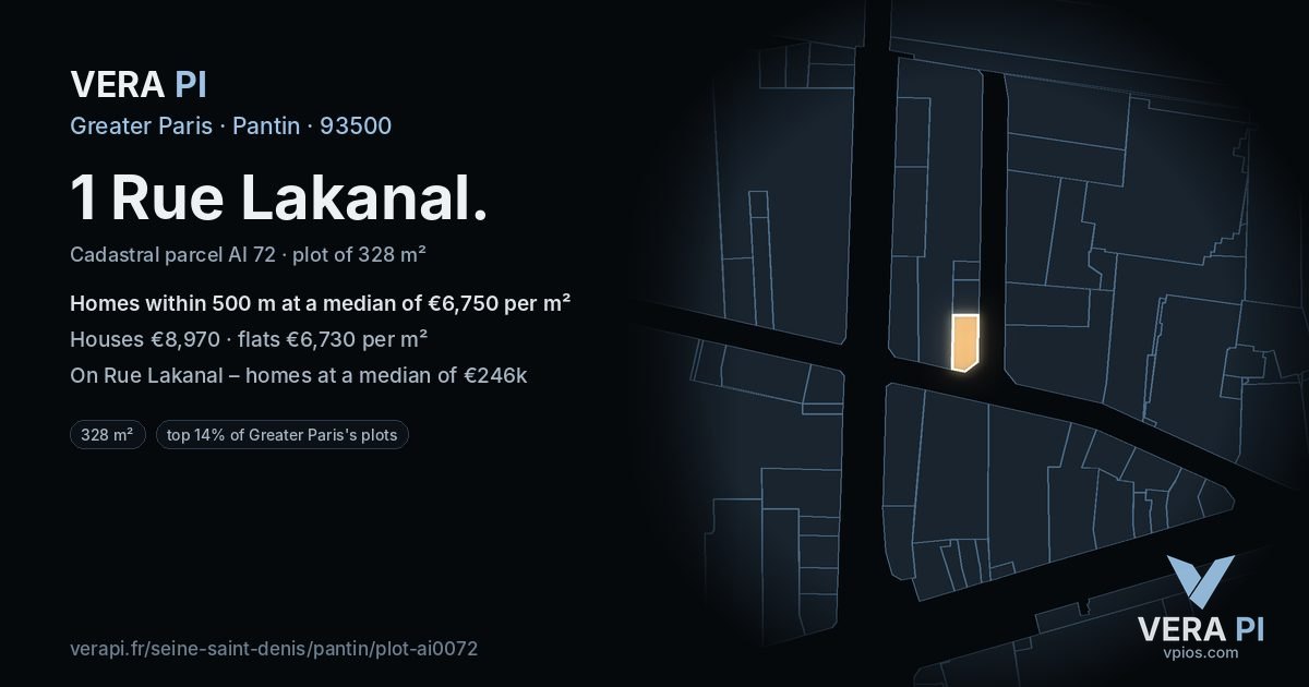 1 Rue Lakanal, Pantin at night – the plot lit, the parcels around coloured by the prices near them
