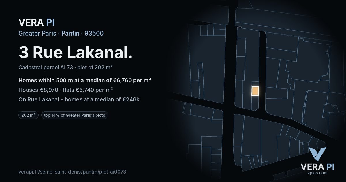 3 Rue Lakanal, Pantin at night – the plot lit, the parcels around coloured by the prices near them