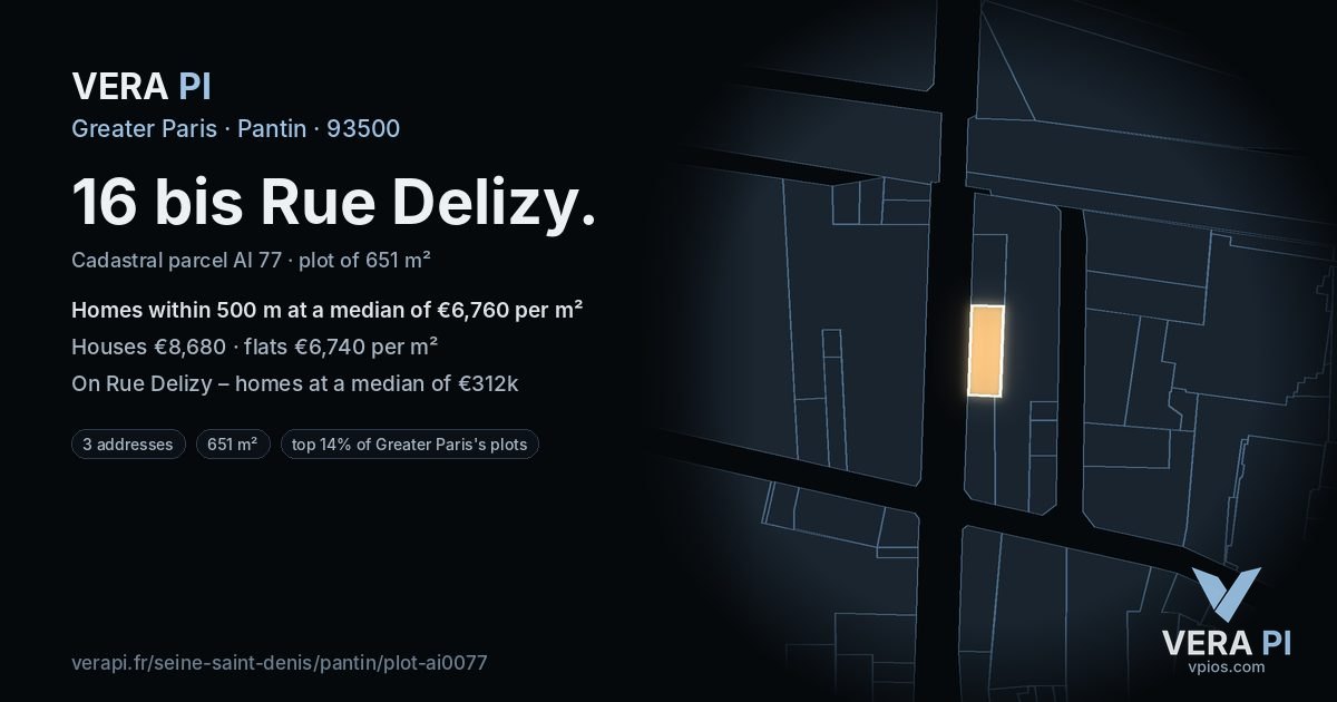 16 bis Rue Delizy, Pantin at night – the plot lit, the parcels around coloured by the prices near them