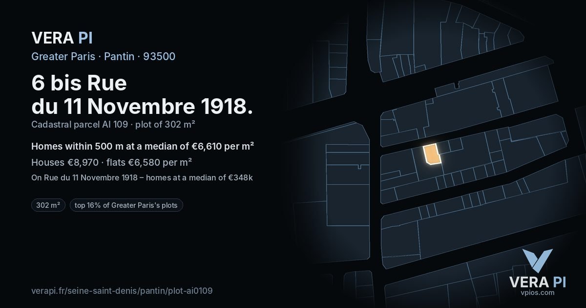 6 bis Rue du 11 Novembre 1918, Pantin at night – the plot lit, the parcels around coloured by the prices near them