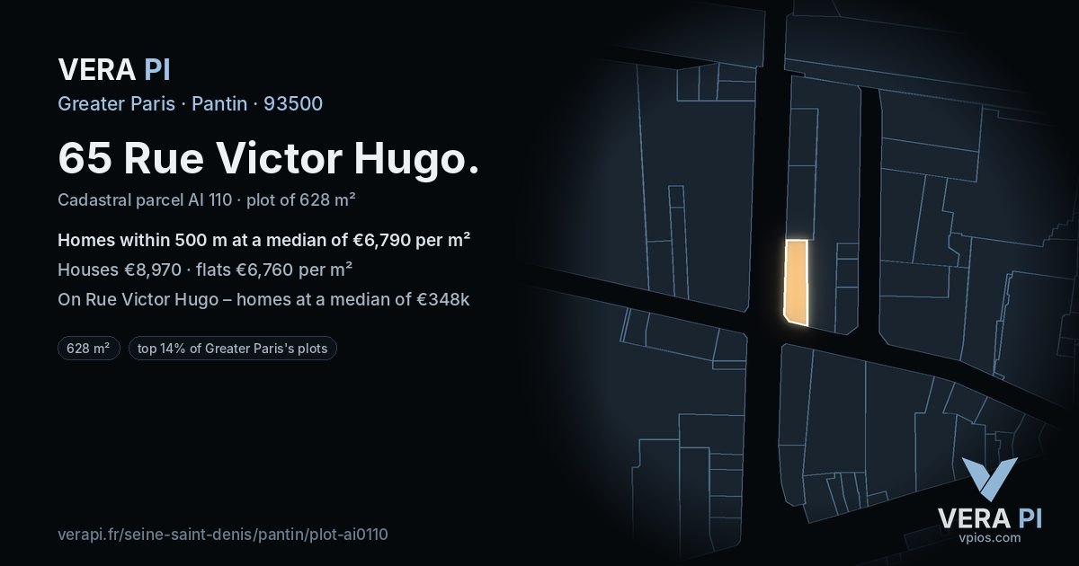 65 Rue Victor Hugo, Pantin at night – the plot lit, the parcels around coloured by the prices near them