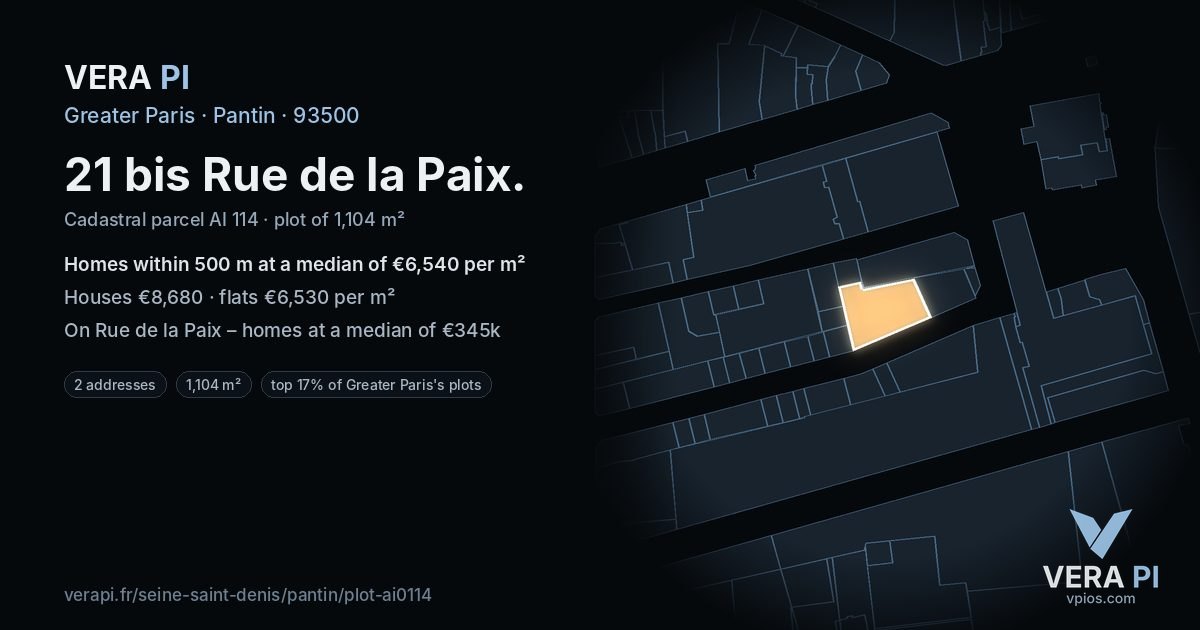 21 bis Rue de la Paix, Pantin at night – the plot lit, the parcels around coloured by the prices near them
