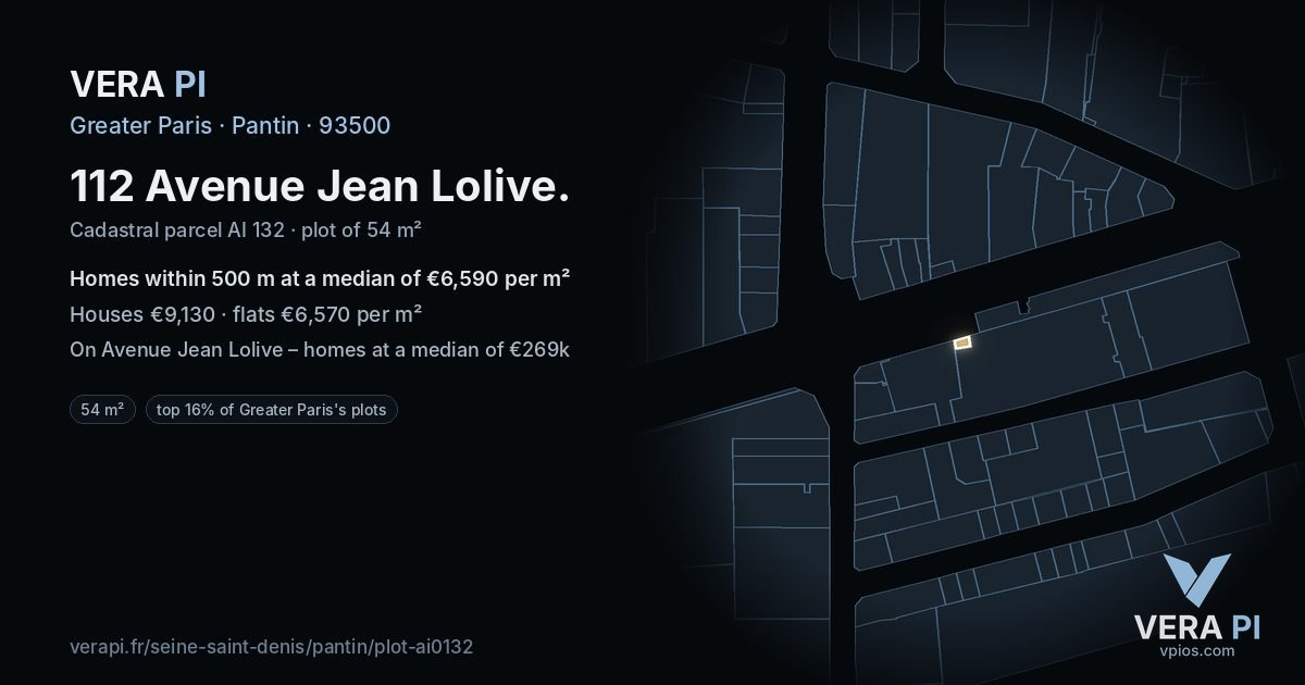 112 Avenue Jean Lolive, Pantin at night – the plot lit, the parcels around coloured by the prices near them