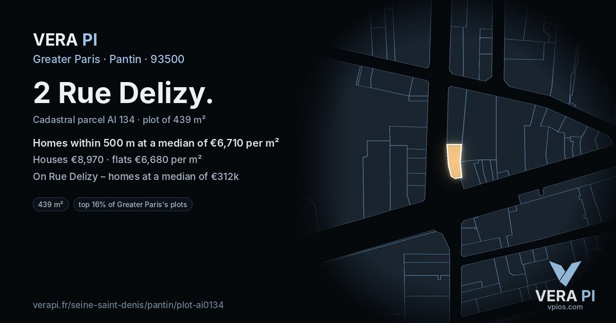 2 Rue Delizy, Pantin at night – the plot lit, the parcels around coloured by the prices near them