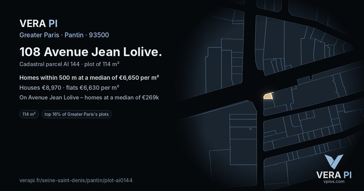 108 Avenue Jean Lolive, Pantin at night – the plot lit, the parcels around coloured by the prices near them