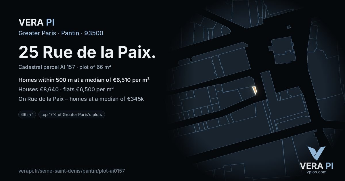 25 Rue de la Paix, Pantin at night – the plot lit, the parcels around coloured by the prices near them
