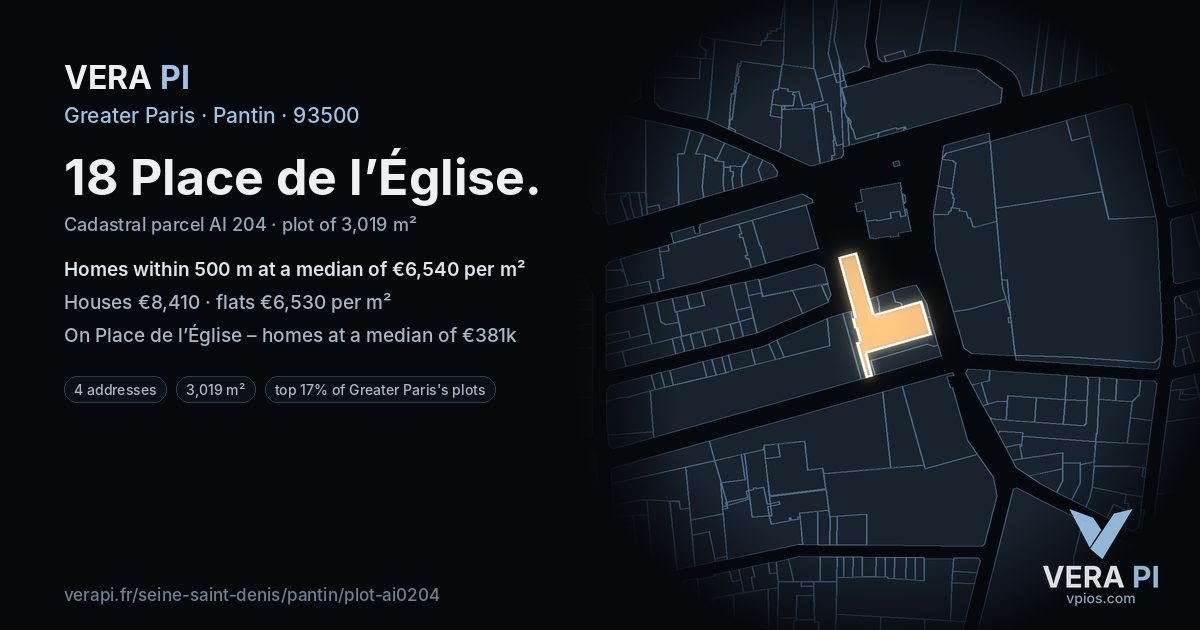 18 Place de l’Église, Pantin at night – the plot lit, the parcels around coloured by the prices near them
