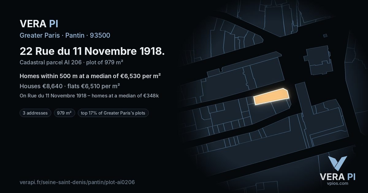 22 Rue du 11 Novembre 1918, Pantin at night – the plot lit, the parcels around coloured by the prices near them