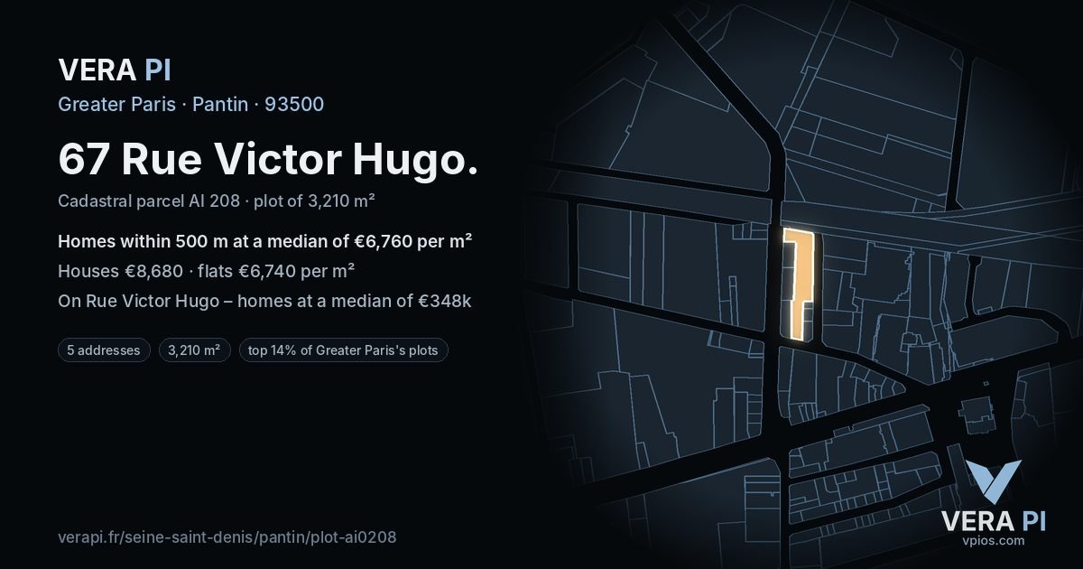 67 Rue Victor Hugo, Pantin at night – the plot lit, the parcels around coloured by the prices near them