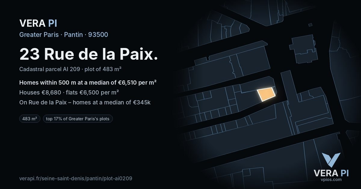 23 Rue de la Paix, Pantin at night – the plot lit, the parcels around coloured by the prices near them