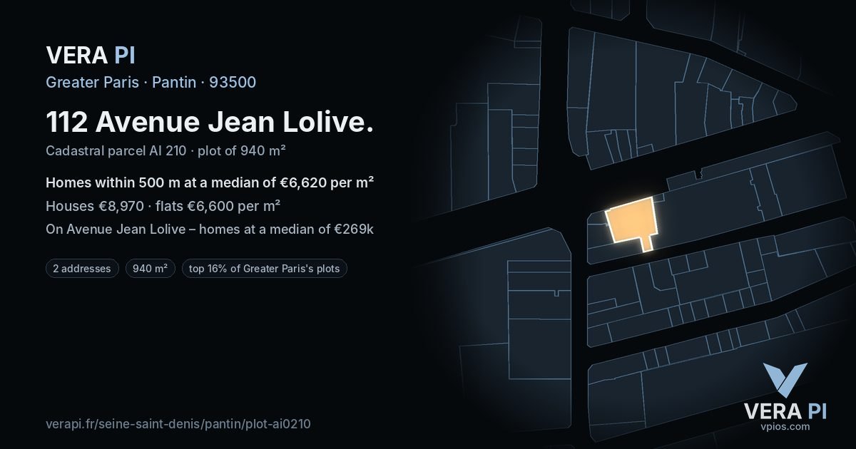 112 Avenue Jean Lolive, Pantin at night – the plot lit, the parcels around coloured by the prices near them