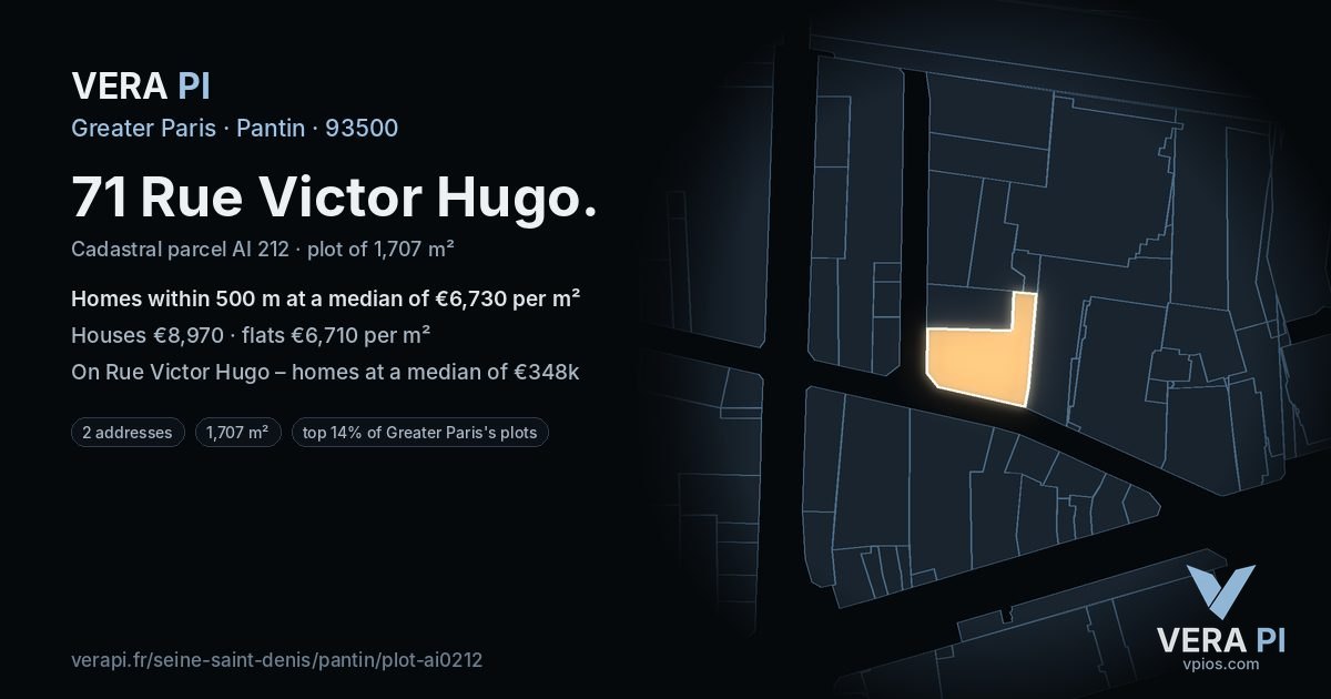 71 Rue Victor Hugo, Pantin at night – the plot lit, the parcels around coloured by the prices near them