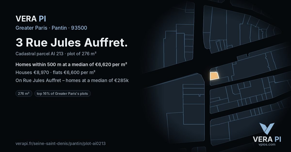 3 Rue Jules Auffret, Pantin at night – the plot lit, the parcels around coloured by the prices near them