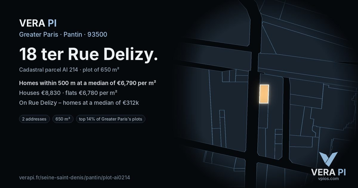 18 ter Rue Delizy, Pantin at night – the plot lit, the parcels around coloured by the prices near them