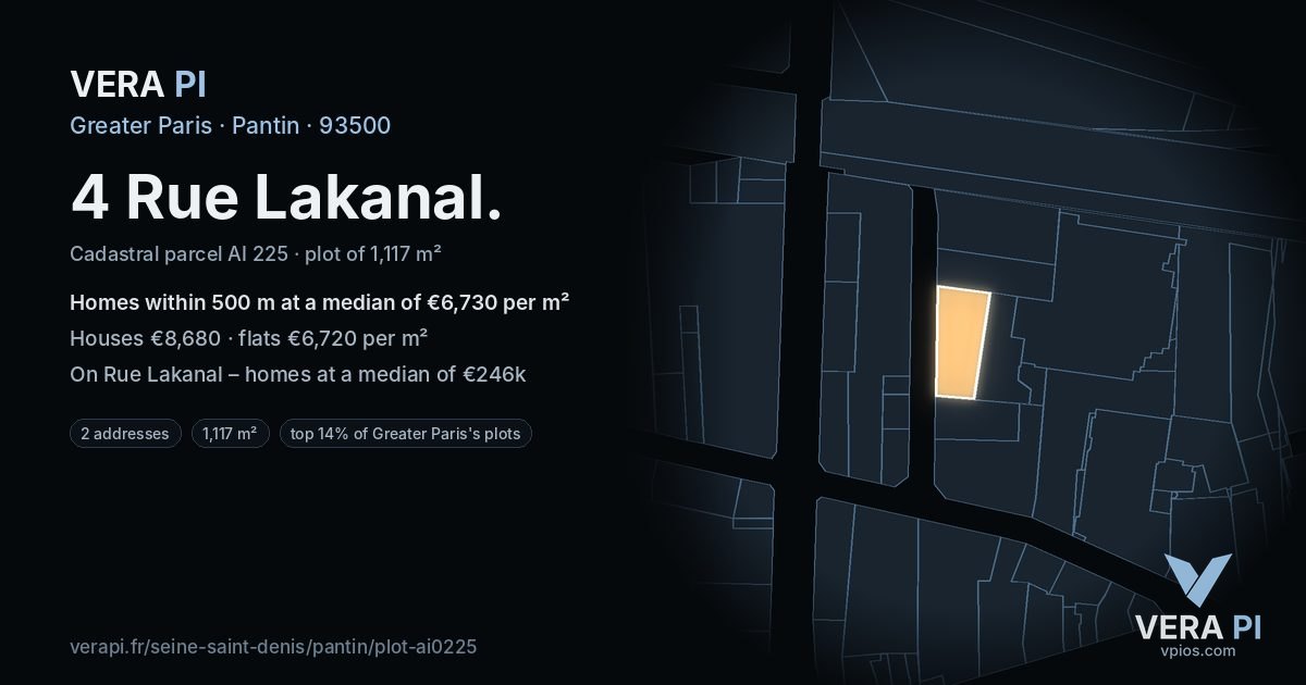 4 Rue Lakanal, Pantin at night – the plot lit, the parcels around coloured by the prices near them