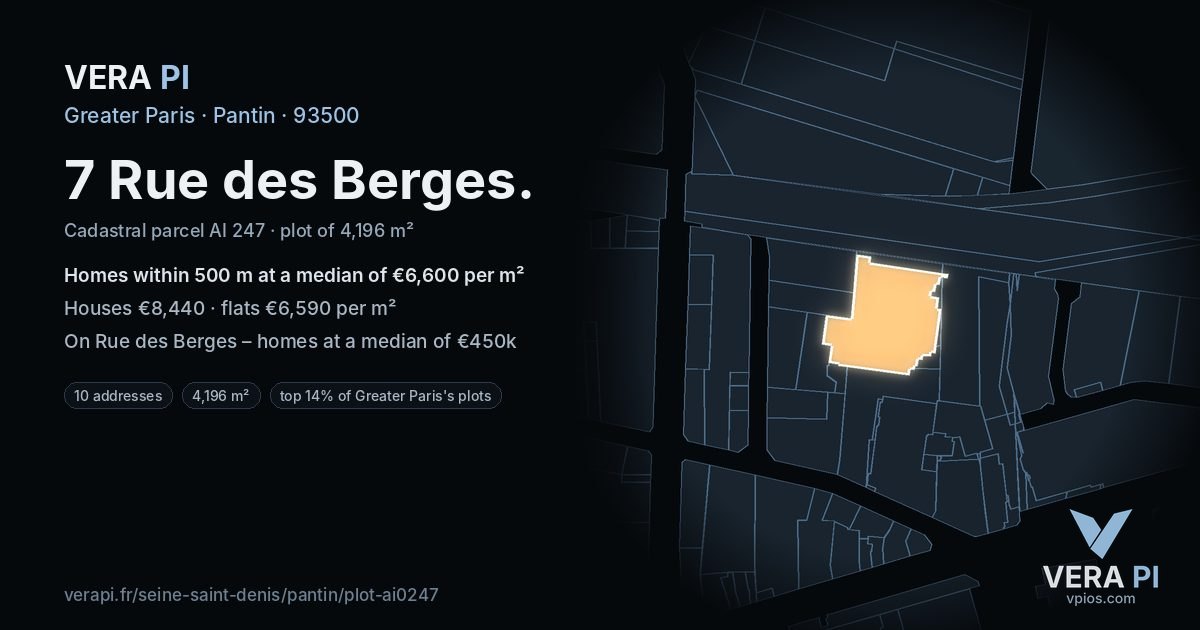 7 Rue des Berges, Pantin at night – the plot lit, the parcels around coloured by the prices near them