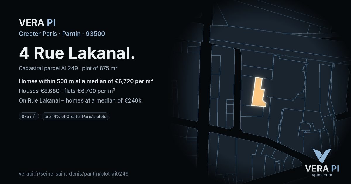 4 Rue Lakanal, Pantin at night – the plot lit, the parcels around coloured by the prices near them