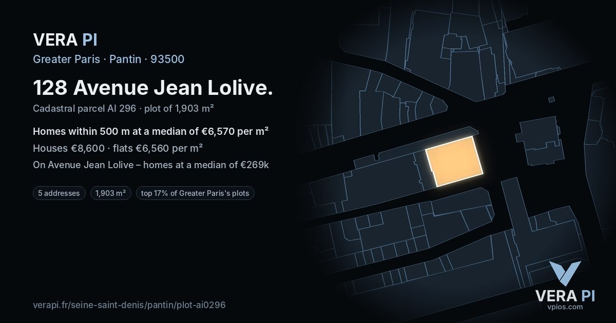 128 Avenue Jean Lolive, Pantin at night – the plot lit, the parcels around coloured by the prices near them