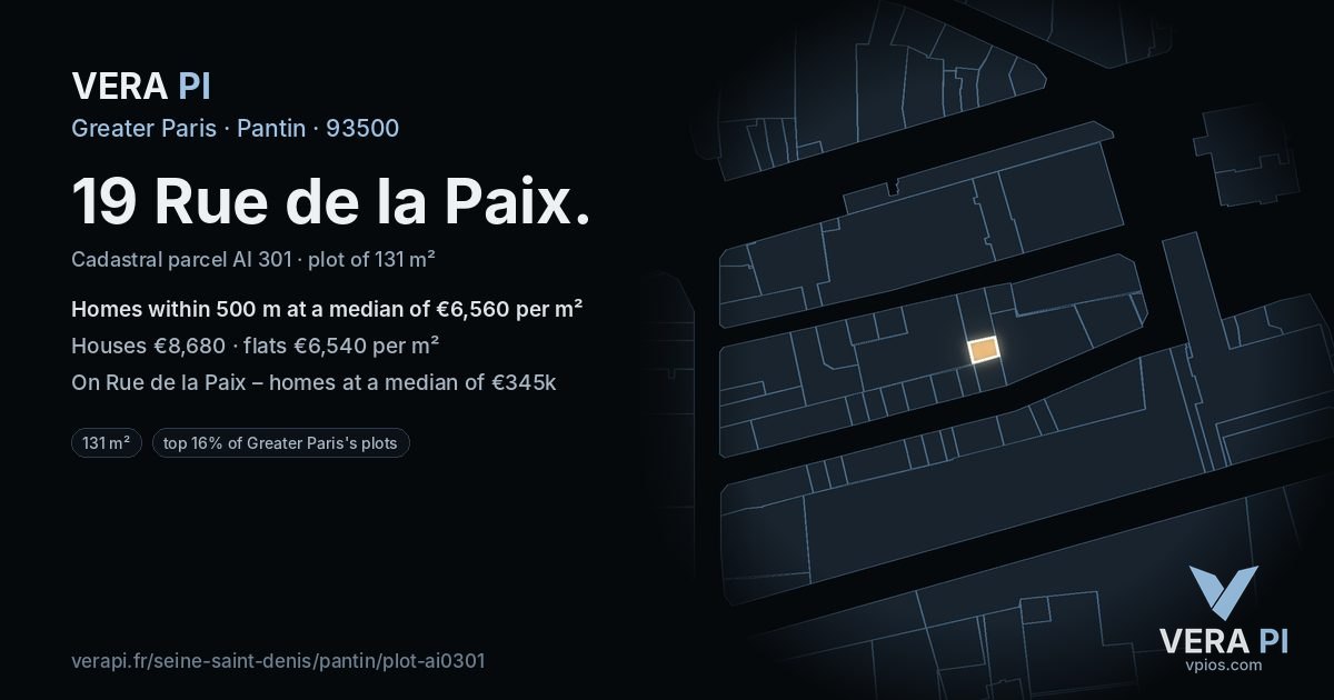 19 Rue de la Paix, Pantin at night – the plot lit, the parcels around coloured by the prices near them