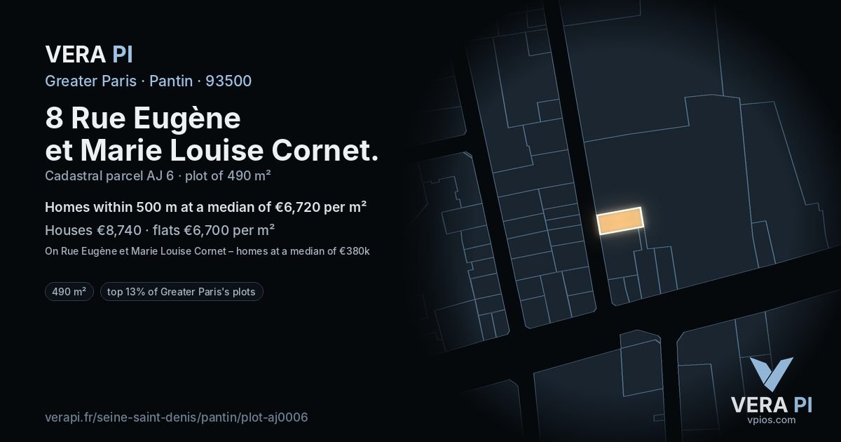 8 Rue Eugène et Marie Louise Cornet, Pantin at night – the plot lit, the parcels around coloured by the prices near them