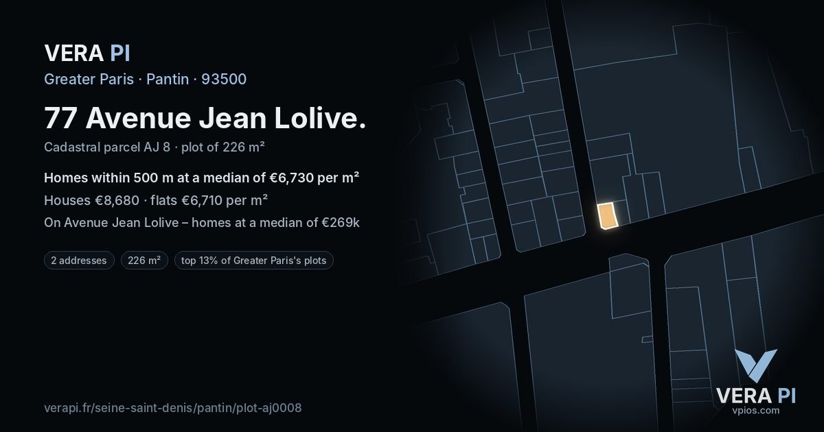 77 Avenue Jean Lolive, Pantin at night – the plot lit, the parcels around coloured by the prices near them