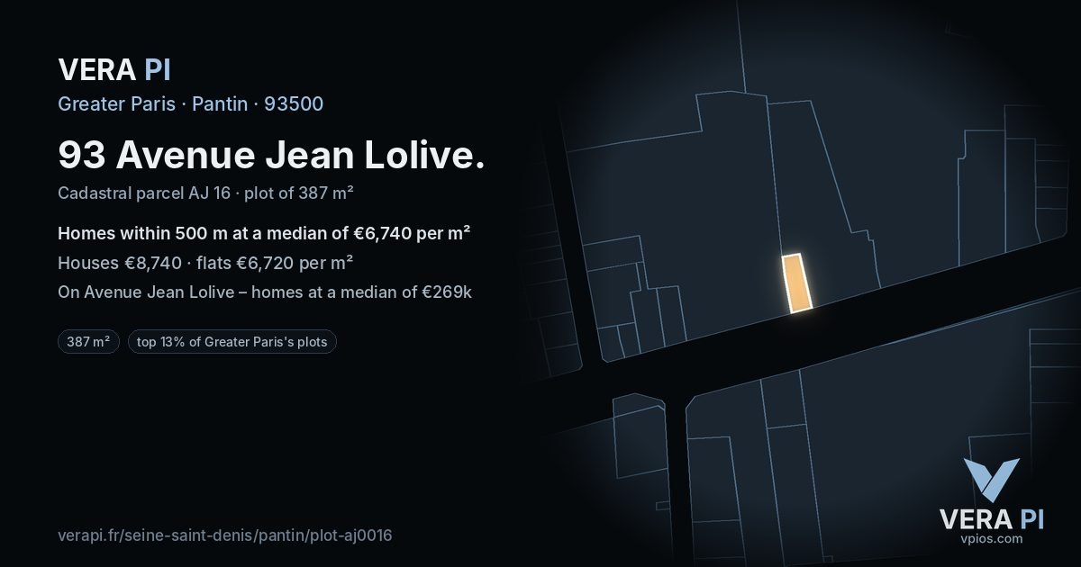 93 Avenue Jean Lolive, Pantin at night – the plot lit, the parcels around coloured by the prices near them