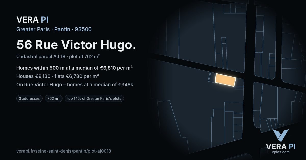 56 Rue Victor Hugo, Pantin at night – the plot lit, the parcels around coloured by the prices near them