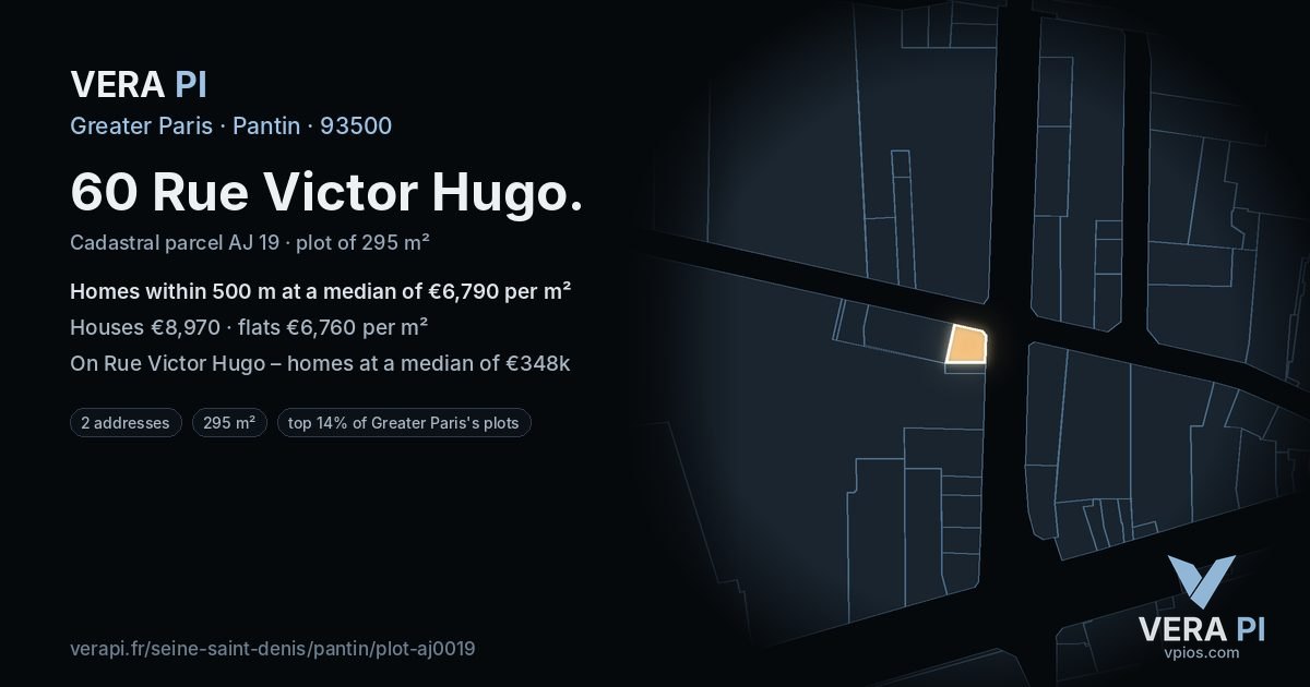 60 Rue Victor Hugo, Pantin at night – the plot lit, the parcels around coloured by the prices near them