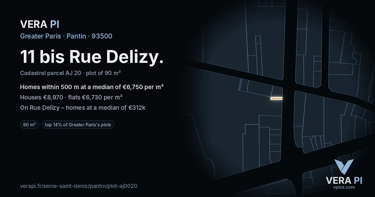 11 bis Rue Delizy, Pantin at night – the plot lit, the parcels around coloured by the prices near them