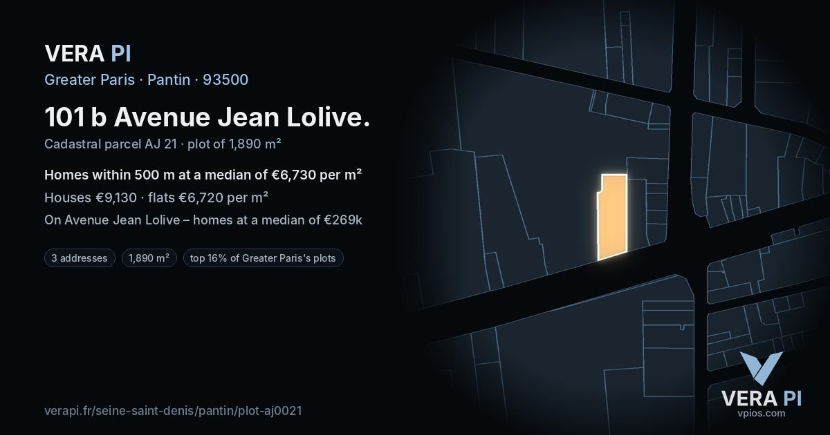 101 b Avenue Jean Lolive, Pantin at night – the plot lit, the parcels around coloured by the prices near them