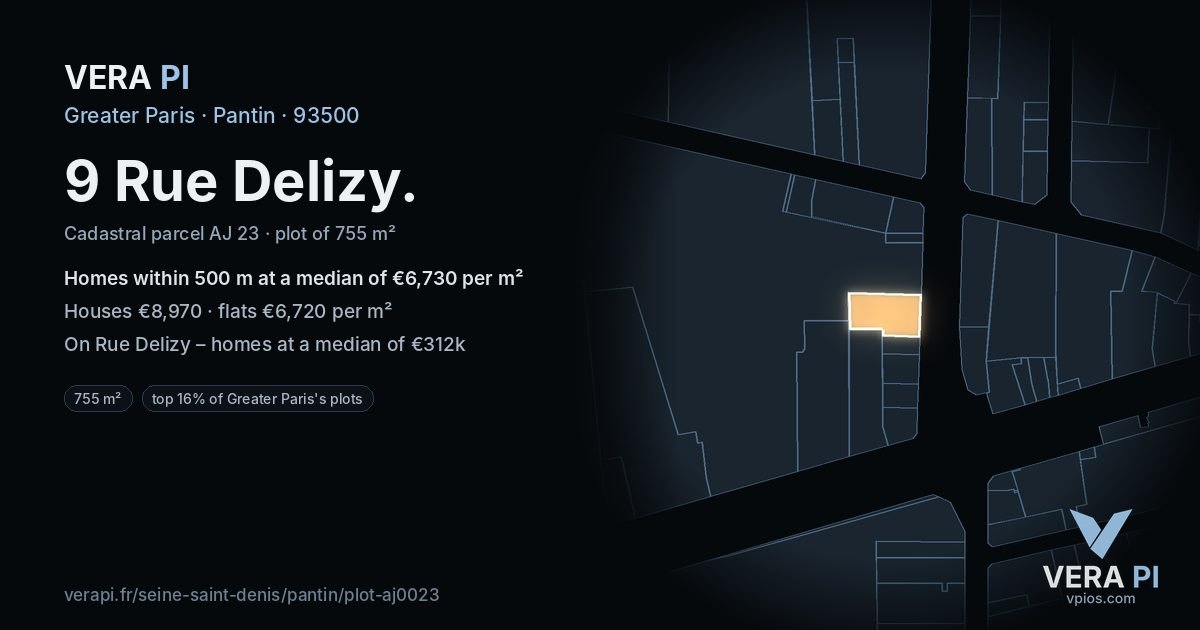 9 Rue Delizy, Pantin at night – the plot lit, the parcels around coloured by the prices near them
