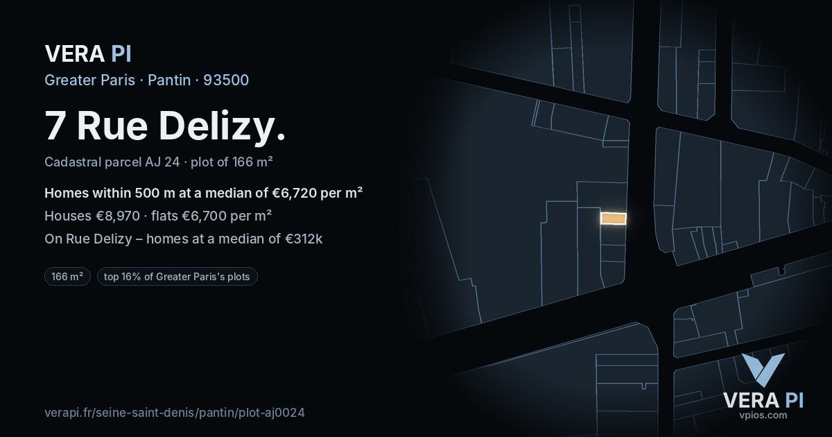 7 Rue Delizy, Pantin at night – the plot lit, the parcels around coloured by the prices near them