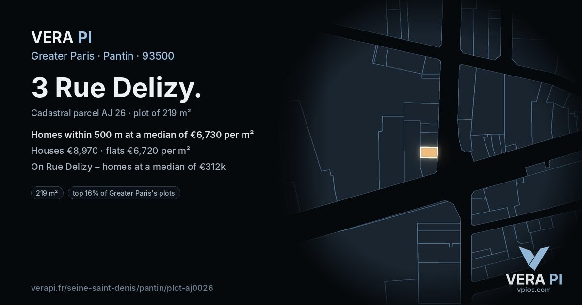 3 Rue Delizy, Pantin at night – the plot lit, the parcels around coloured by the prices near them