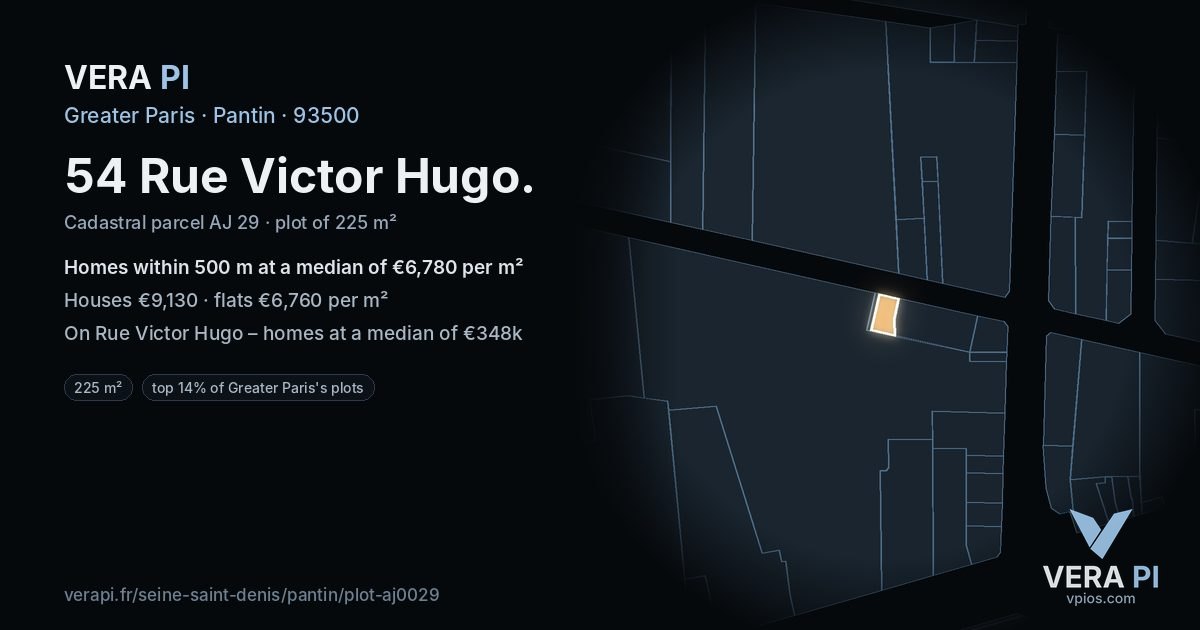 54 Rue Victor Hugo, Pantin at night – the plot lit, the parcels around coloured by the prices near them