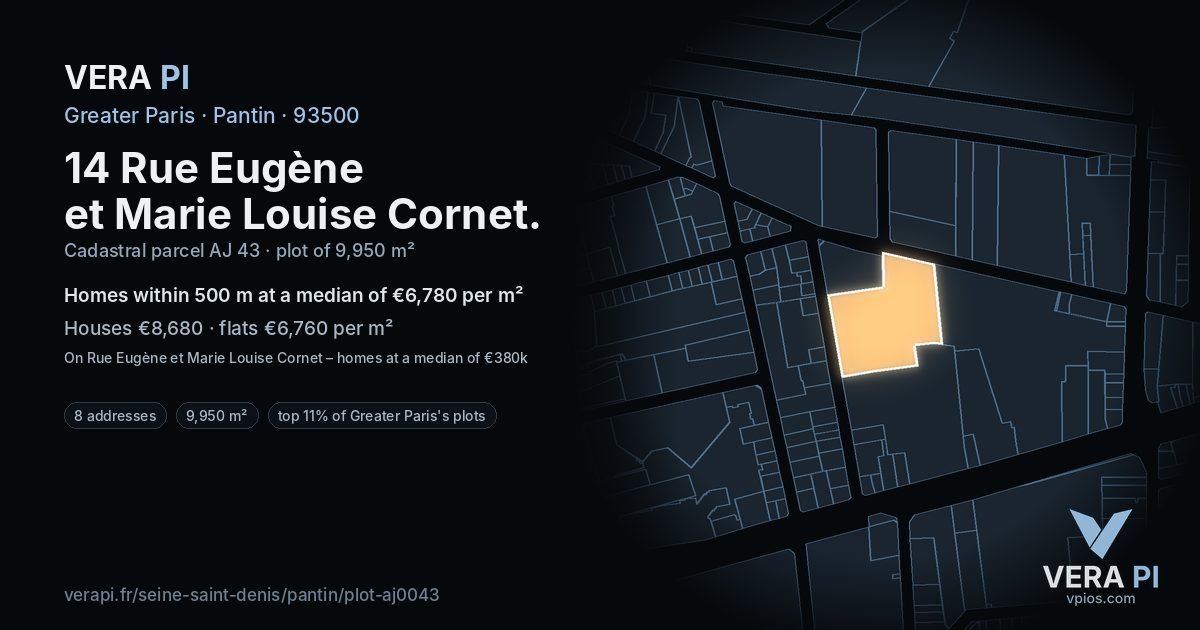 14 Rue Eugène et Marie Louise Cornet, Pantin at night – the plot lit, the parcels around coloured by the prices near them