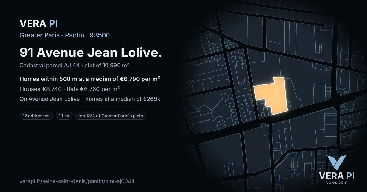 91 Avenue Jean Lolive, Pantin at night – the plot lit, the parcels around coloured by the prices near them