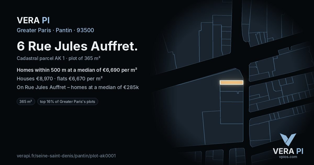 6 Rue Jules Auffret, Pantin at night – the plot lit, the parcels around coloured by the prices near them
