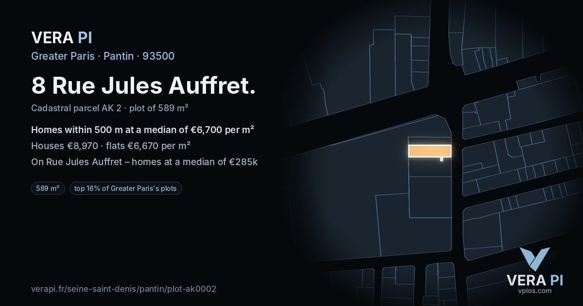 8 Rue Jules Auffret, Pantin at night – the plot lit, the parcels around coloured by the prices near them