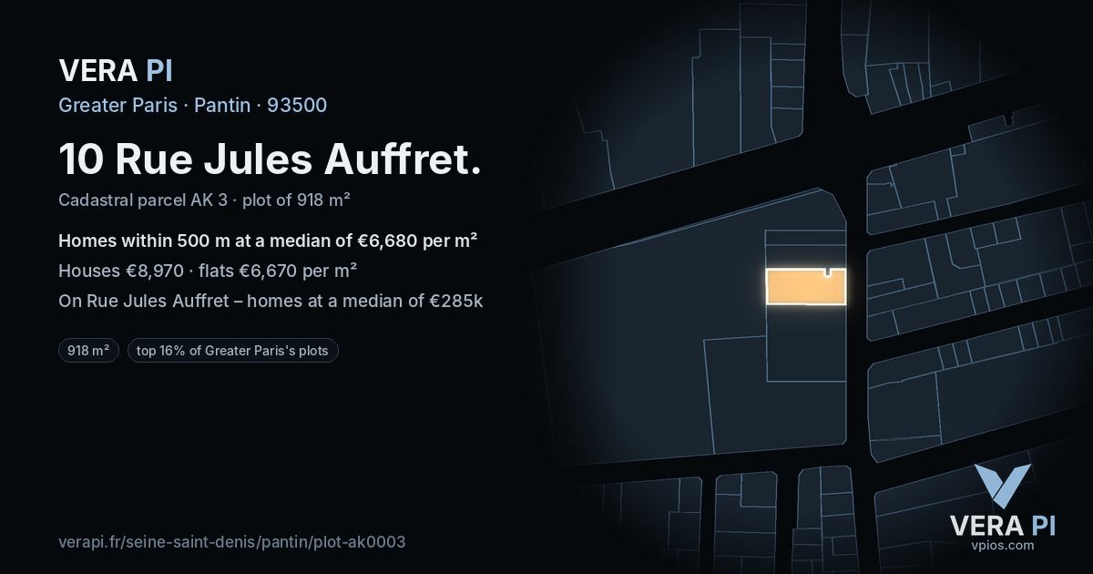 10 Rue Jules Auffret, Pantin at night – the plot lit, the parcels around coloured by the prices near them