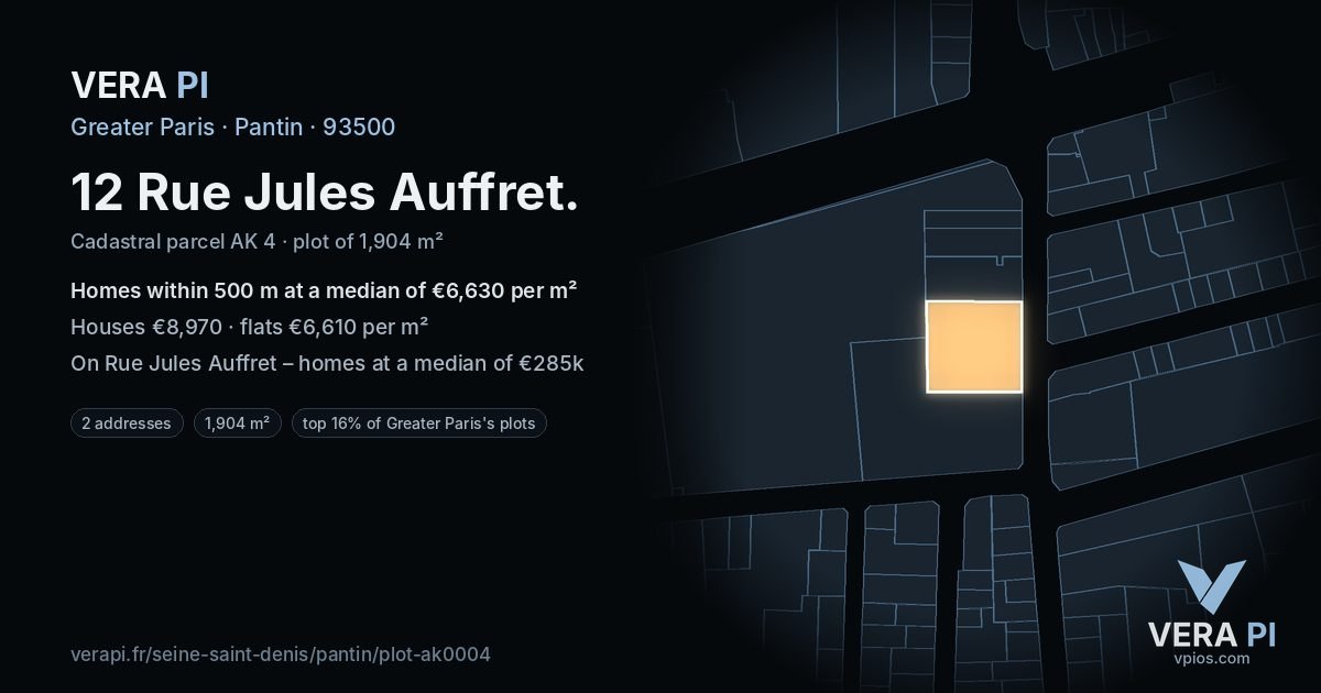 12 Rue Jules Auffret, Pantin at night – the plot lit, the parcels around coloured by the prices near them