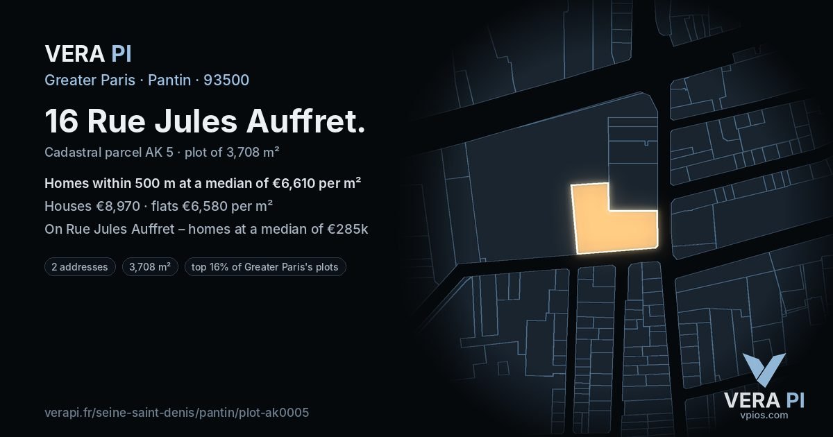 16 Rue Jules Auffret, Pantin at night – the plot lit, the parcels around coloured by the prices near them