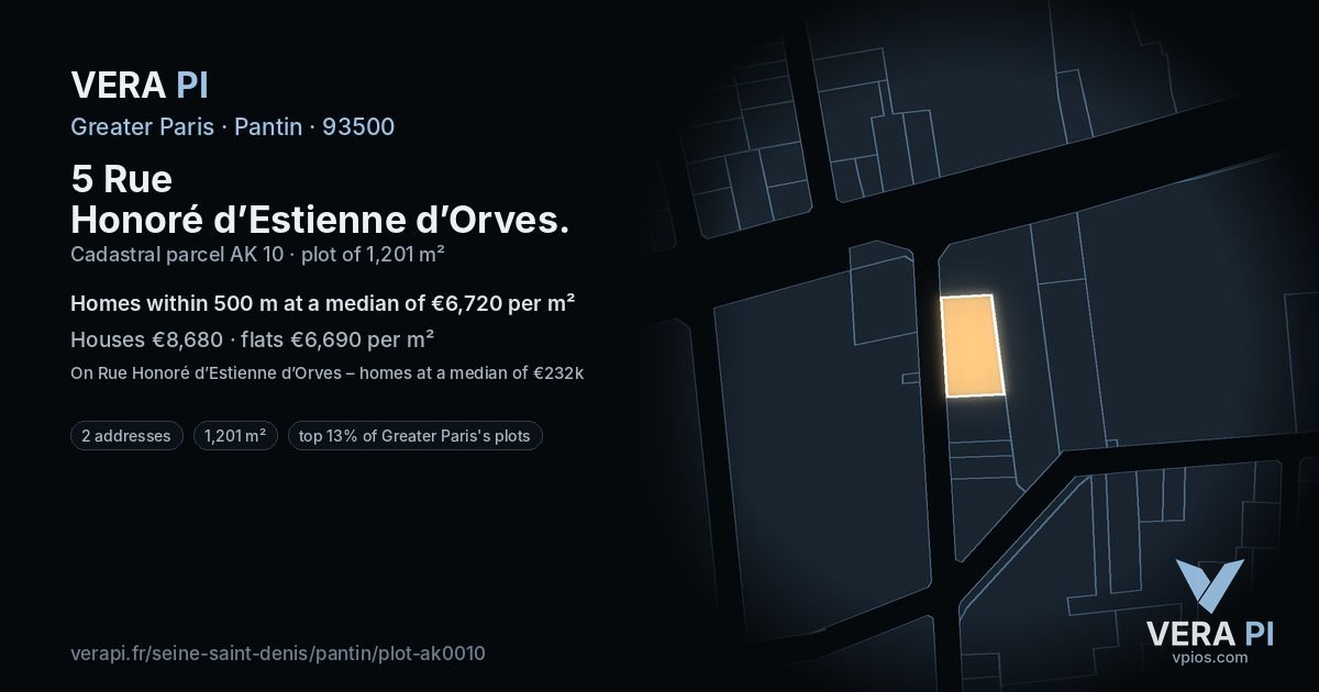 5 Rue Honoré d’Estienne d’Orves, Pantin at night – the plot lit, the parcels around coloured by the prices near them