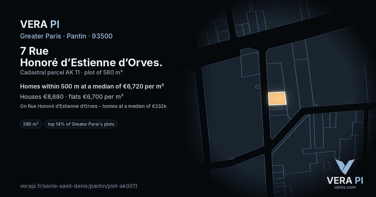 7 Rue Honoré d’Estienne d’Orves, Pantin at night – the plot lit, the parcels around coloured by the prices near them