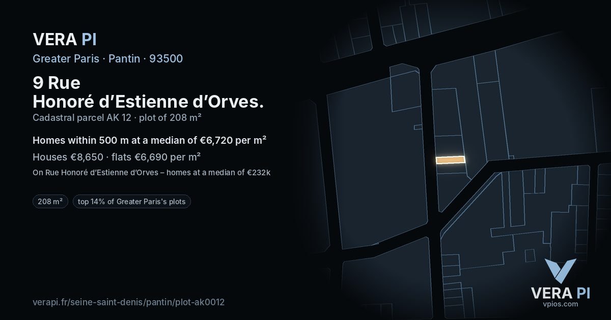 9 Rue Honoré d’Estienne d’Orves, Pantin at night – the plot lit, the parcels around coloured by the prices near them