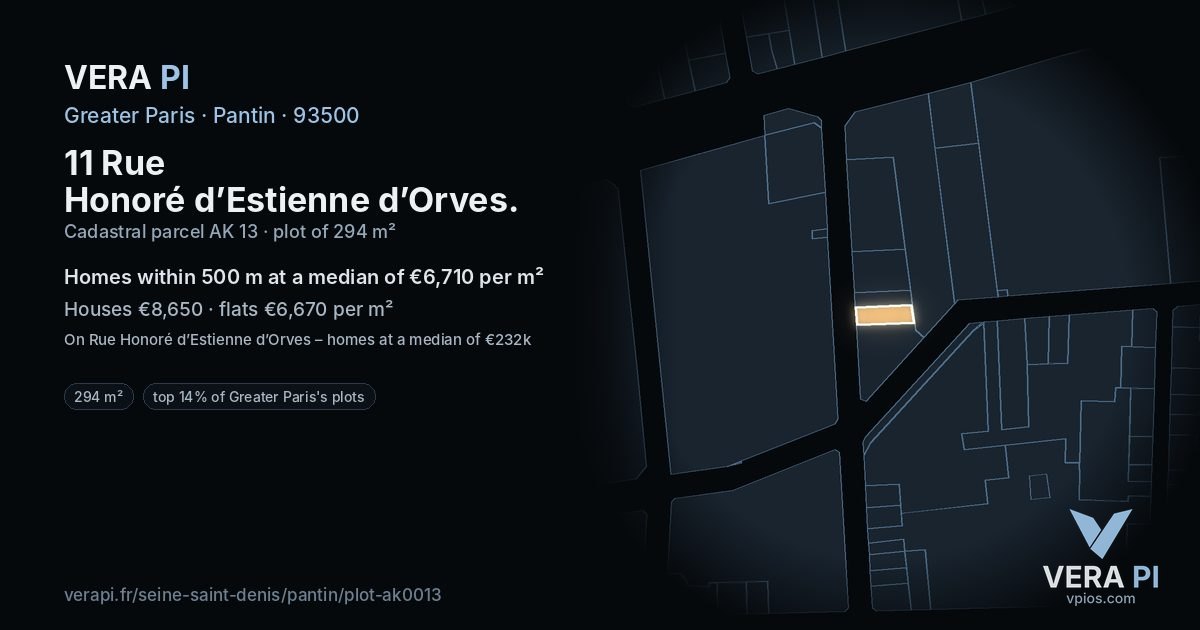 11 Rue Honoré d’Estienne d’Orves, Pantin at night – the plot lit, the parcels around coloured by the prices near them