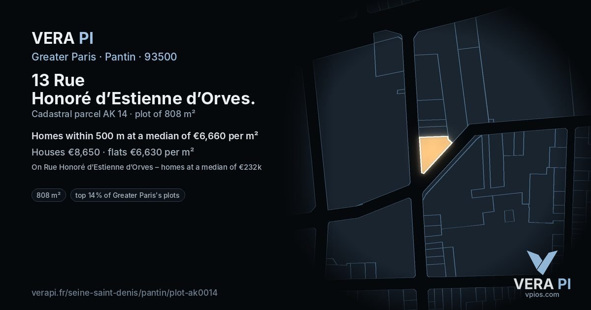 13 Rue Honoré d’Estienne d’Orves, Pantin at night – the plot lit, the parcels around coloured by the prices near them