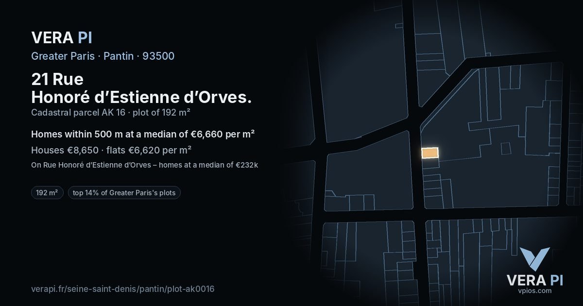 21 Rue Honoré d’Estienne d’Orves, Pantin at night – the plot lit, the parcels around coloured by the prices near them