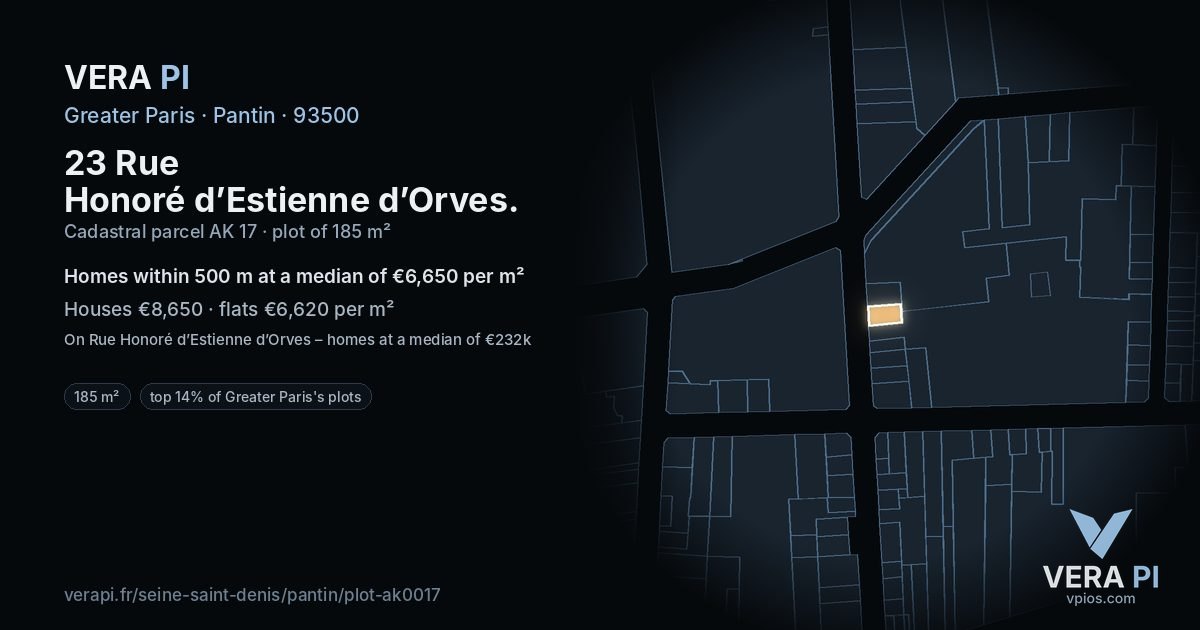 23 Rue Honoré d’Estienne d’Orves, Pantin at night – the plot lit, the parcels around coloured by the prices near them