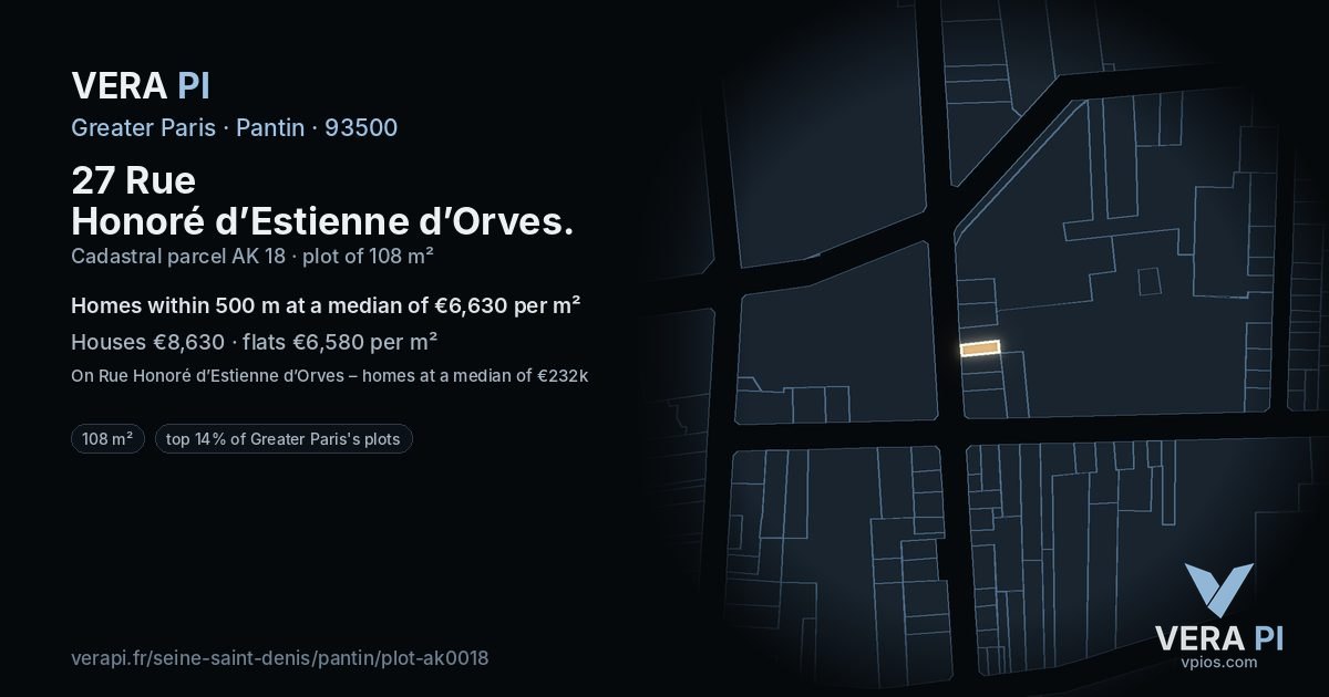 27 Rue Honoré d’Estienne d’Orves, Pantin at night – the plot lit, the parcels around coloured by the prices near them