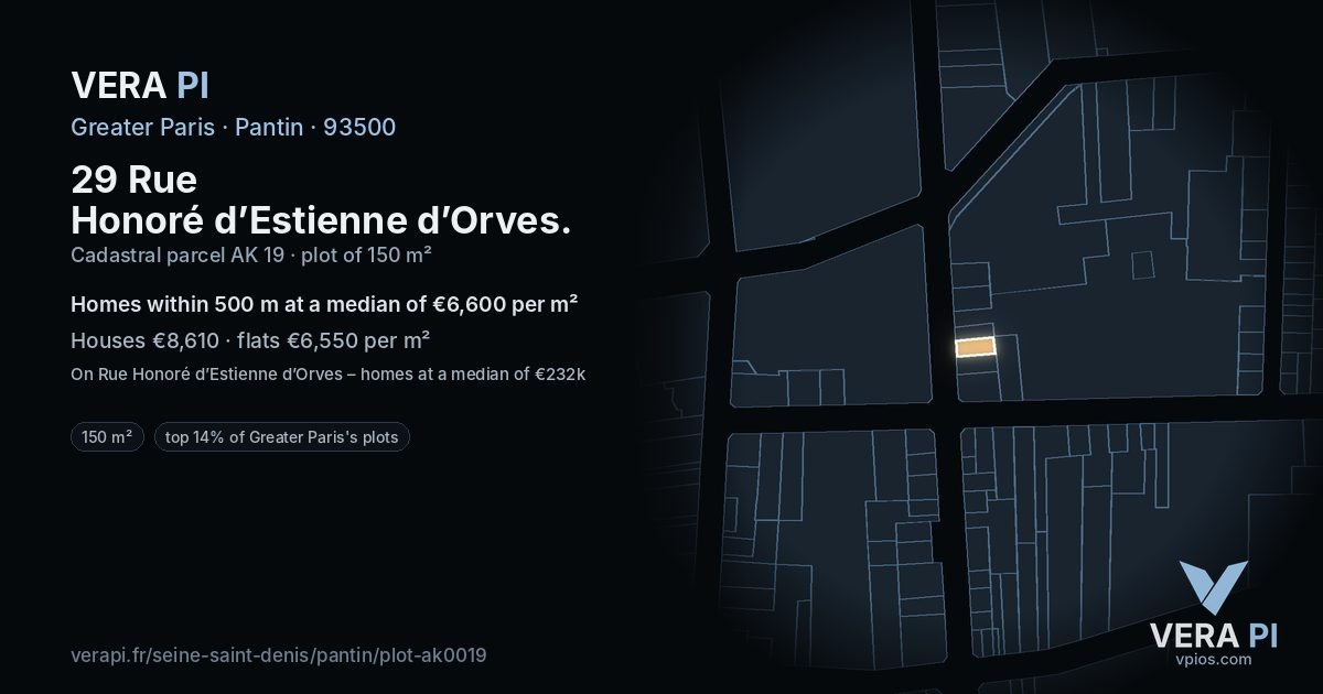 29 Rue Honoré d’Estienne d’Orves, Pantin at night – the plot lit, the parcels around coloured by the prices near them